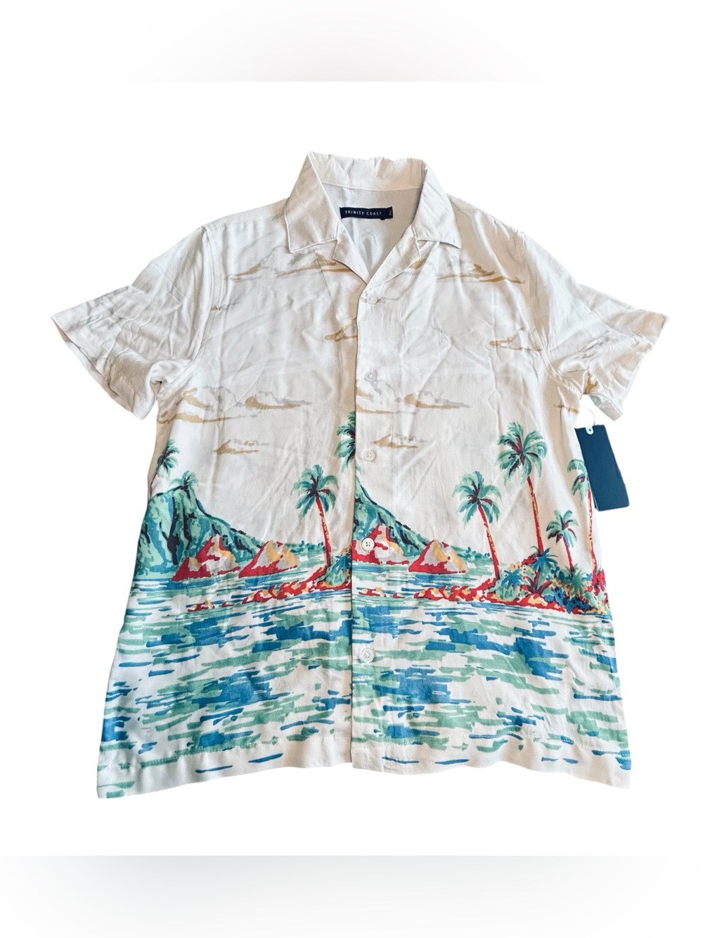 Trinity Coast Men’s Cream Short-Sleeve Camp Shirt with Blue & Green Tropical